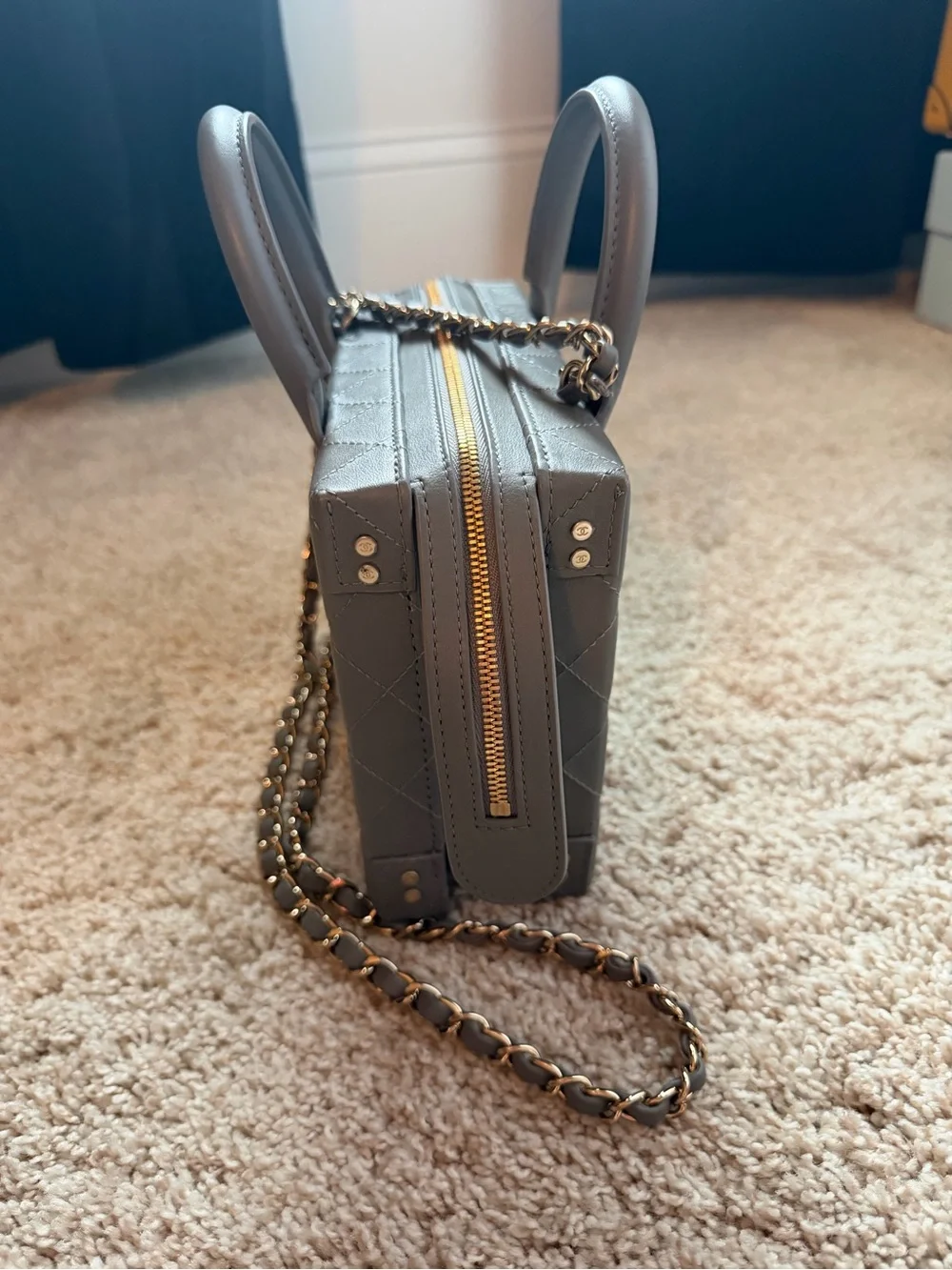 CHANEL Quilted Gray Mini Vanity Crossbody Bag with Gold Chain Authentic